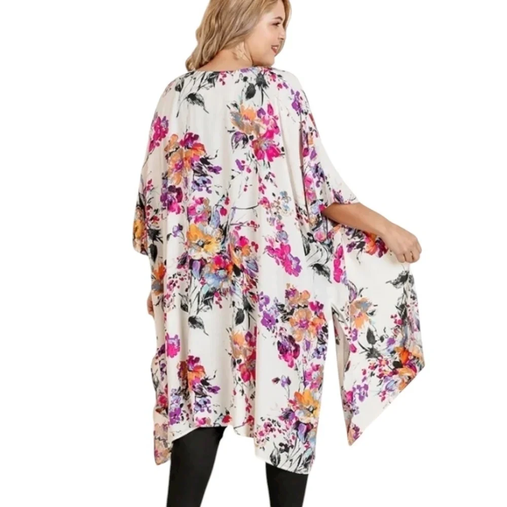 Umgee USA Floral Print Open Front Long Kimono Size L/XL Beach Vacation Boho